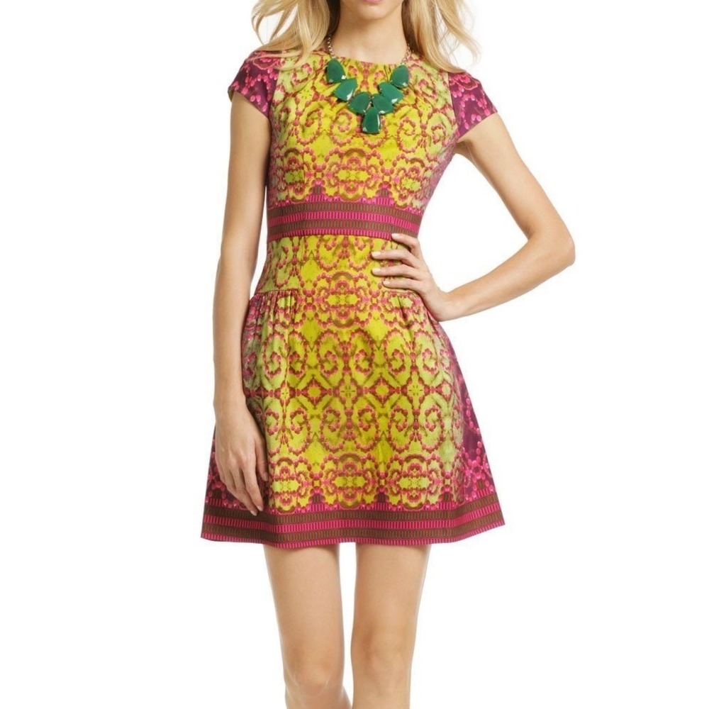 Nanette Lepore Silk Blend Dress Fit Flare Chartreuse Magenta Boho Chic USA 2